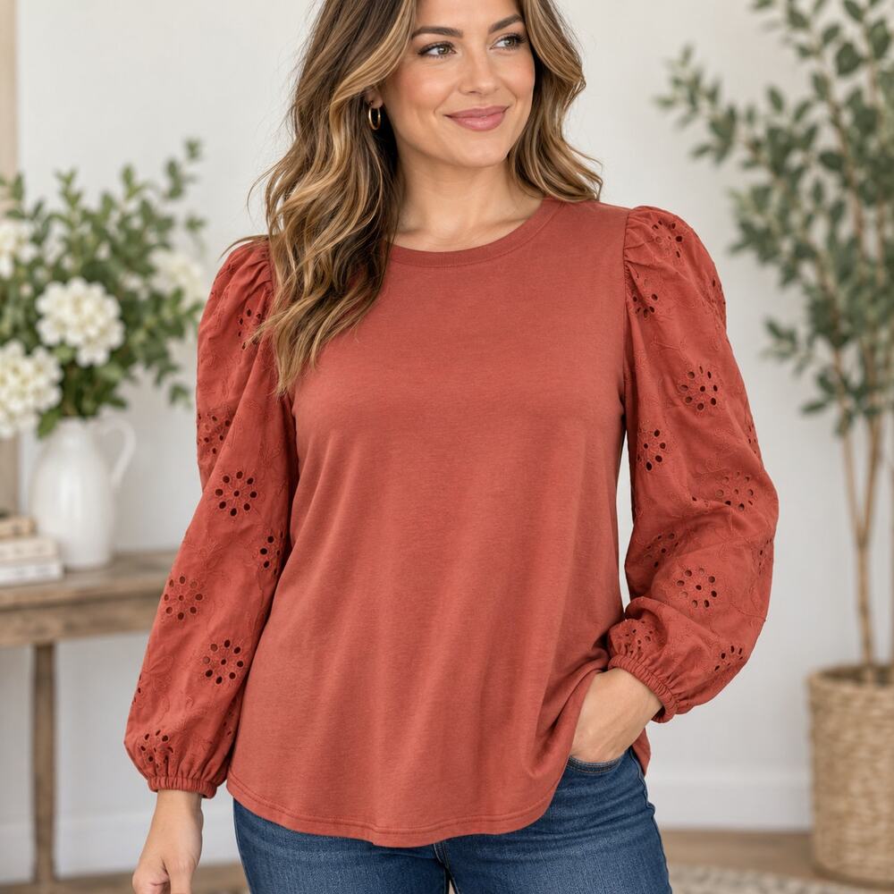 Jack + Avery 1X Rust Eyelet Puff Sleeve Knit Top Cotton Blend Cottagecore